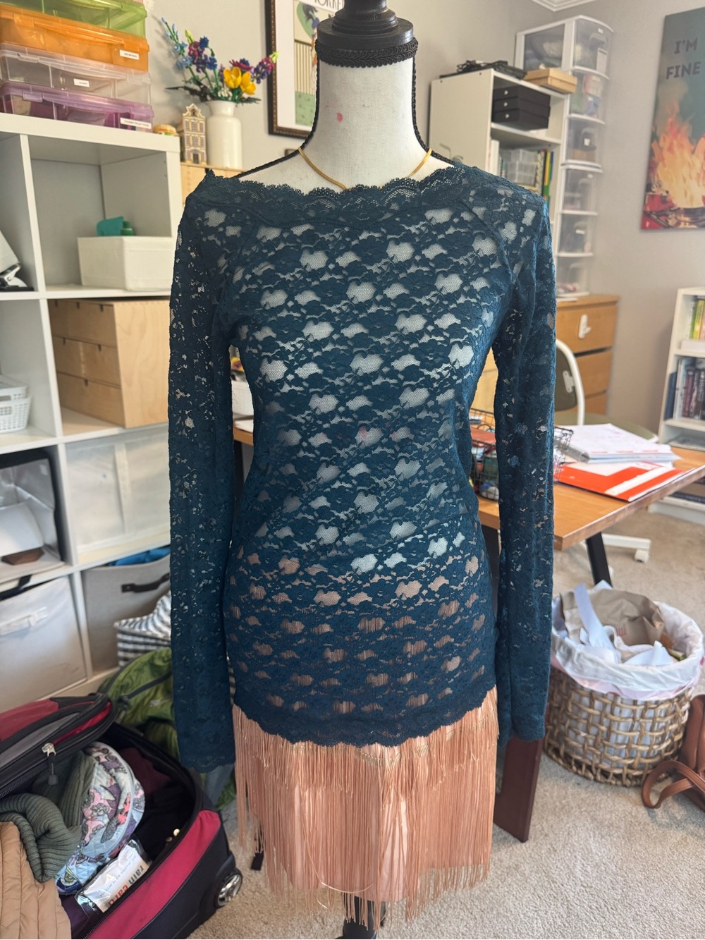 Free People Dark Teal Lace Long-Sleeve Top